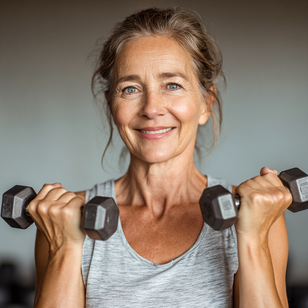 Energetic older European man in fitness gear with a bright smile, showing determination and vitality during workout