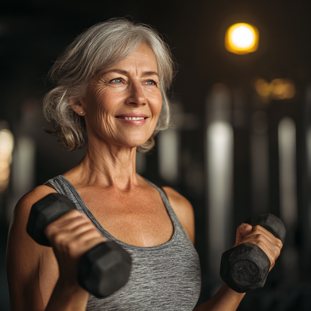 Confident older European woman with a warm smile doing strength training exercises, radiating health and determination