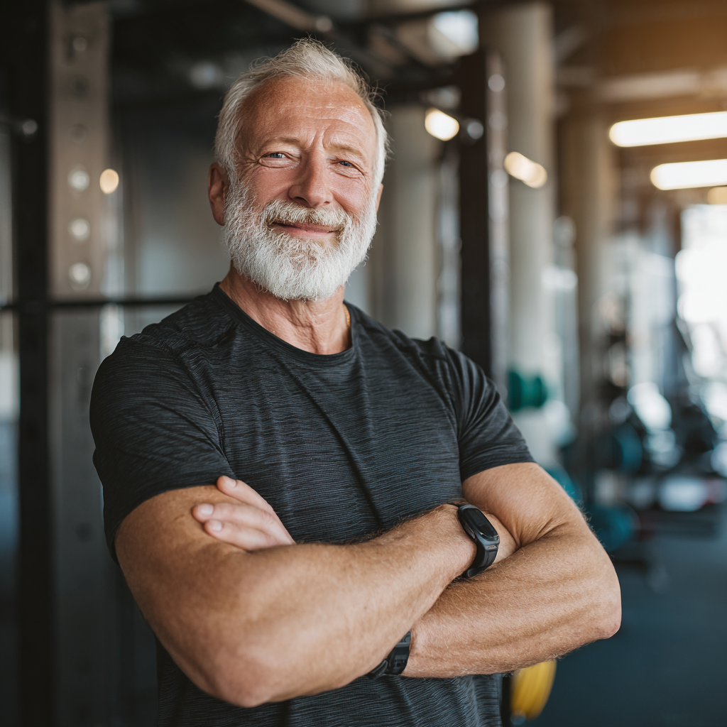 Athletic older European couple smiling joyfully after workout, showing energy and satisfaction from healthy lifestyle