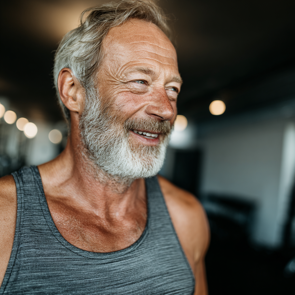 Determined older European man in gym attire with confident smile, demonstrating strength and positive attitude towards fitness